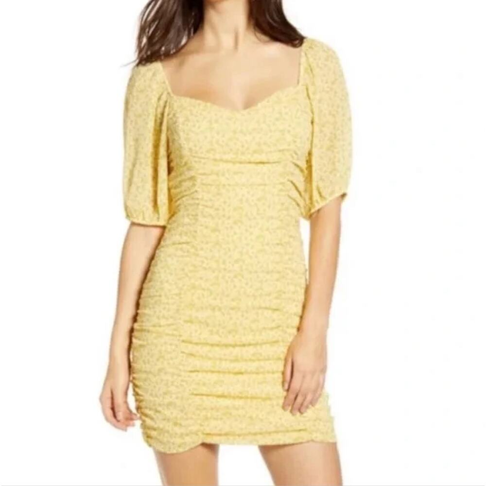 All In Favor Sasha Ruched Mini Dress Women's XS Yellow Puff Sleeve Coquette - Picture 14 of 16
